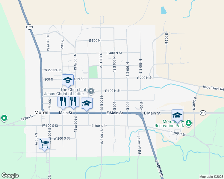 map of restaurants, bars, coffee shops, grocery stores, and more near 195 East 100 South in Moroni