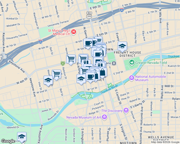 map of restaurants, bars, coffee shops, grocery stores, and more near 255 North Sierra Street in Reno
