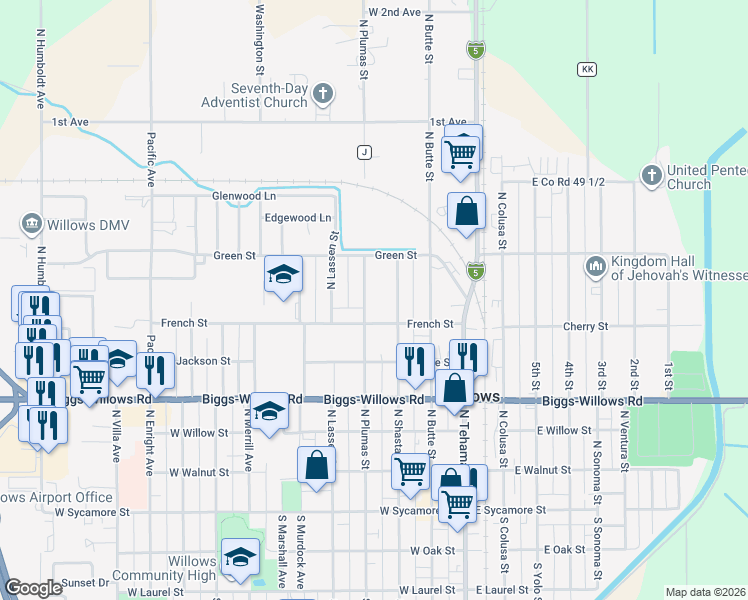 map of restaurants, bars, coffee shops, grocery stores, and more near 618 North Plumas Street in Willows
