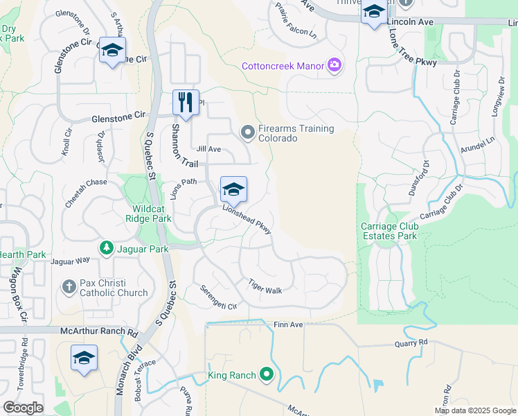 map of restaurants, bars, coffee shops, grocery stores, and more near 10408 Lone Lynx in Lone Tree