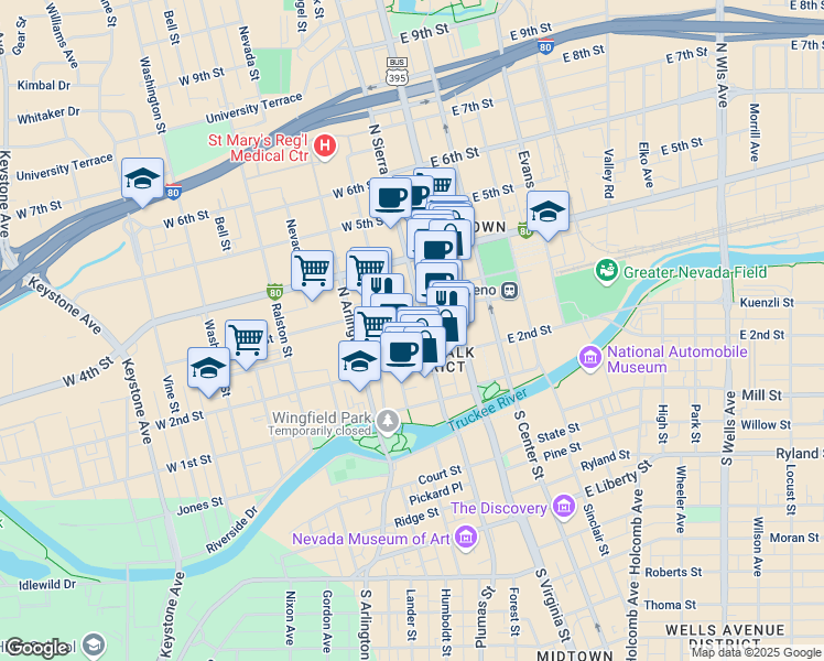 map of restaurants, bars, coffee shops, grocery stores, and more near 151 West Commercial Row in Reno