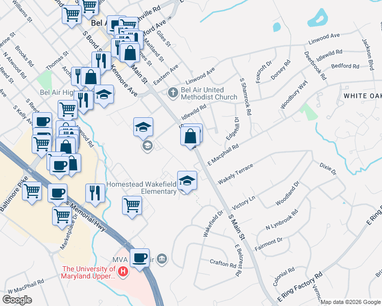 map of restaurants, bars, coffee shops, grocery stores, and more near 816 South Main Street in Bel Air