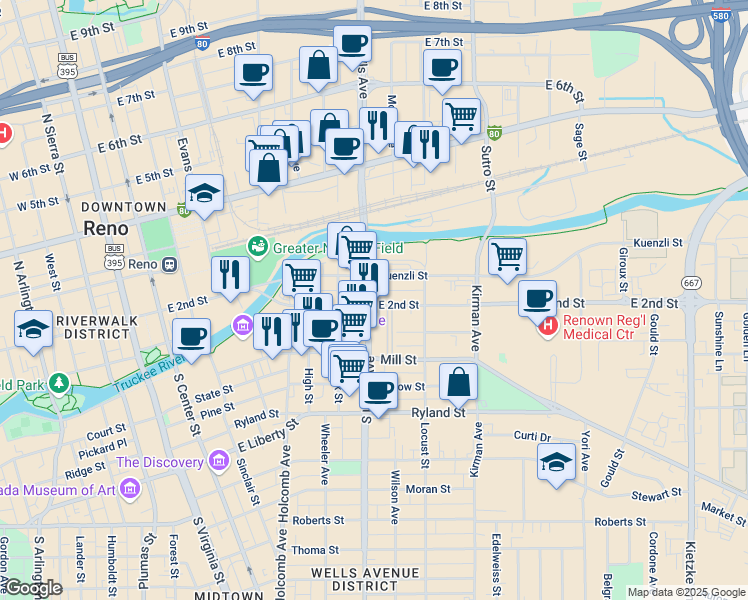 map of restaurants, bars, coffee shops, grocery stores, and more near 642 Kuenzli Street in Reno