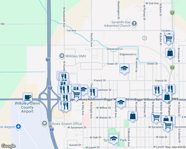 map of restaurants, bars, coffee shops, grocery stores, and more near 650 Pacific Avenue in Willows