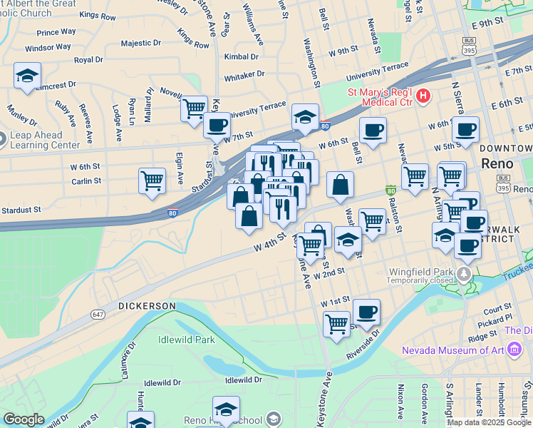 map of restaurants, bars, coffee shops, grocery stores, and more near 448 Keystone Avenue in Reno