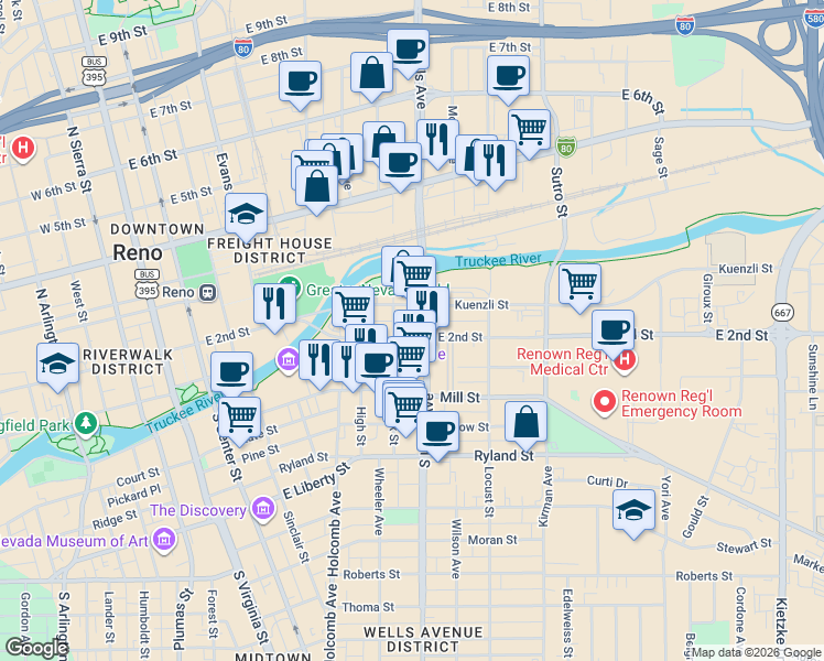 map of restaurants, bars, coffee shops, grocery stores, and more near in Reno