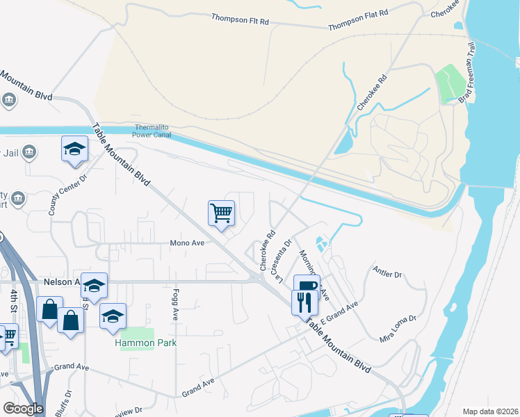 map of restaurants, bars, coffee shops, grocery stores, and more near 23 Cameron Drive in Oroville