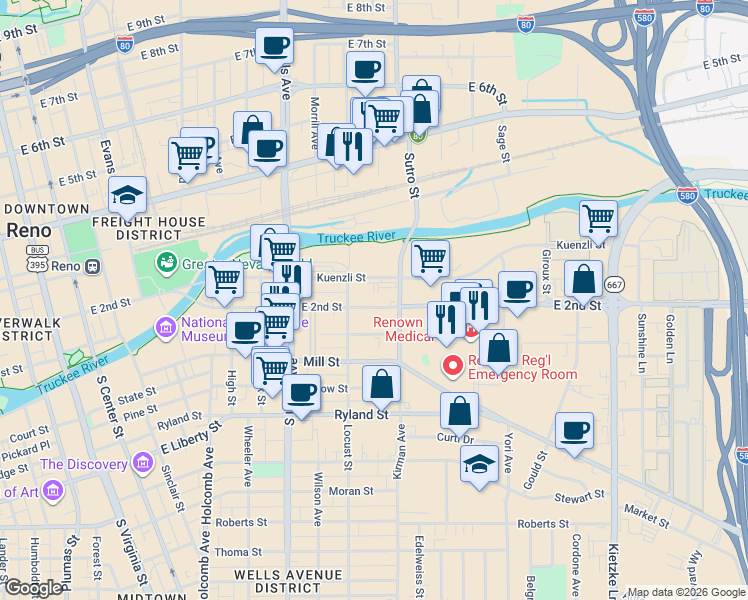 map of restaurants, bars, coffee shops, grocery stores, and more near 859 East 2nd Street in Reno