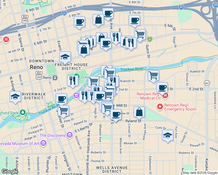 map of restaurants, bars, coffee shops, grocery stores, and more near in Reno