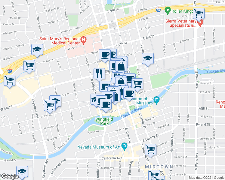 map of restaurants, bars, coffee shops, grocery stores, and more near 101-199 West Commercial Row in Reno