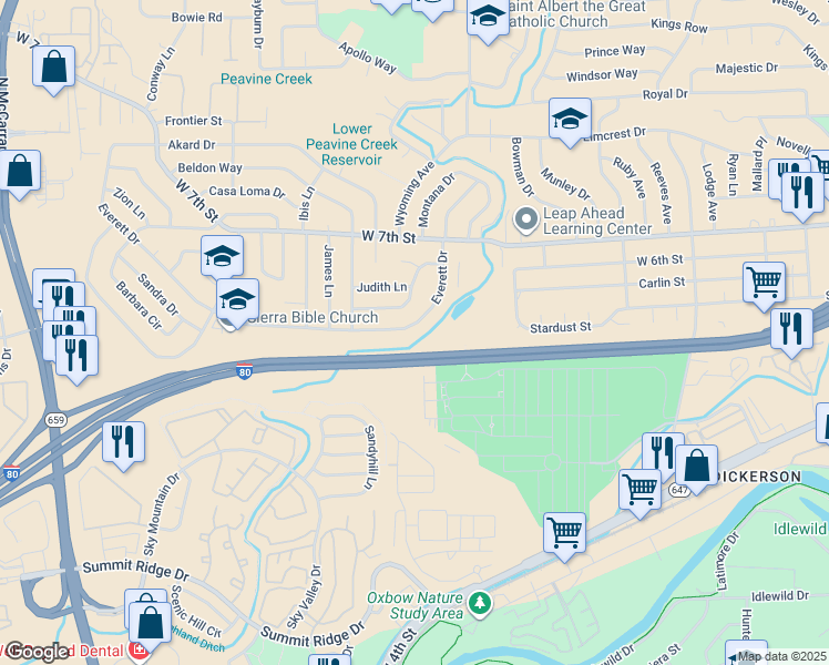 map of restaurants, bars, coffee shops, grocery stores, and more near 2700 Everett Drive in Reno