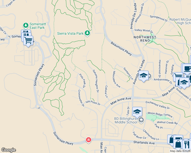 map of restaurants, bars, coffee shops, grocery stores, and more near 1650 Saturno Heights Drive in Reno