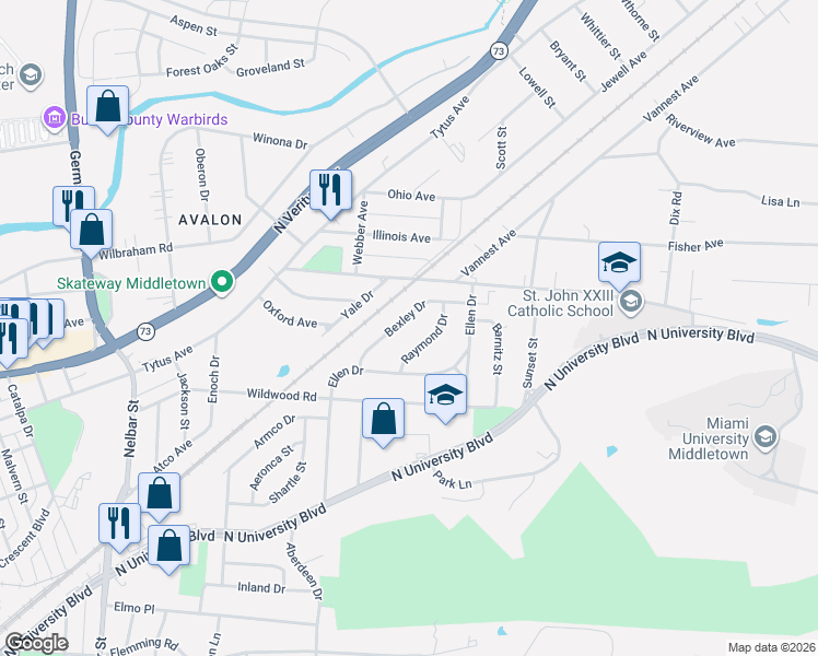 map of restaurants, bars, coffee shops, grocery stores, and more near 3212 Bexley Drive in Middletown