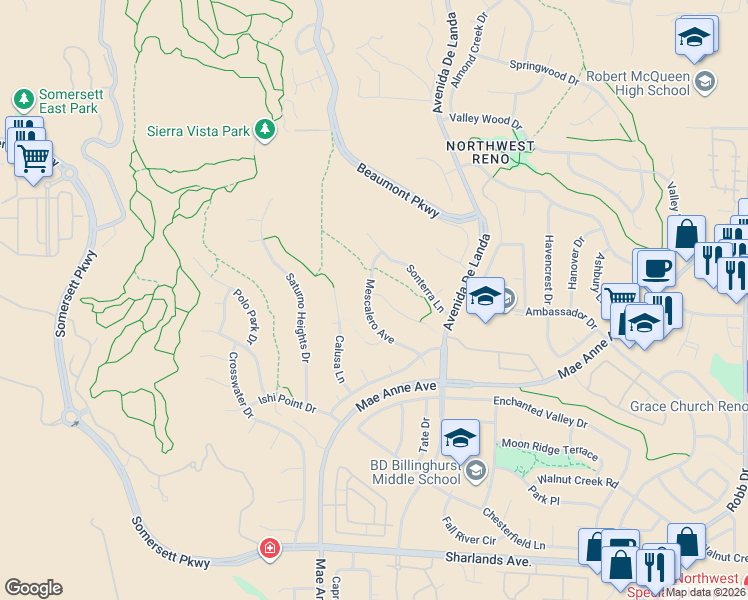 map of restaurants, bars, coffee shops, grocery stores, and more near 1600 Mescalero Avenue in Reno