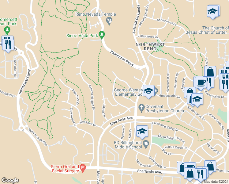 map of restaurants, bars, coffee shops, grocery stores, and more near 1600 Mescalero Avenue in Reno