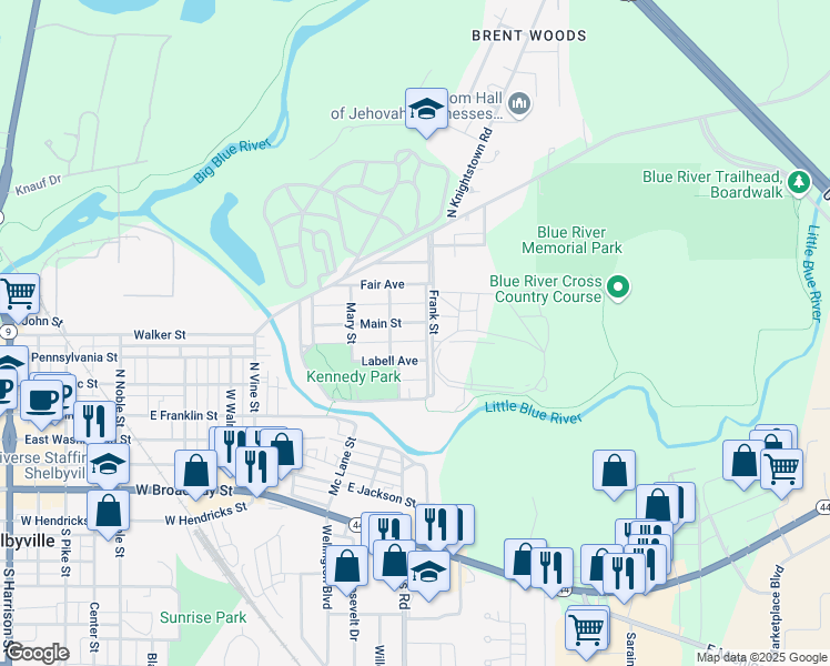 map of restaurants, bars, coffee shops, grocery stores, and more near 846 Main Street in Shelbyville