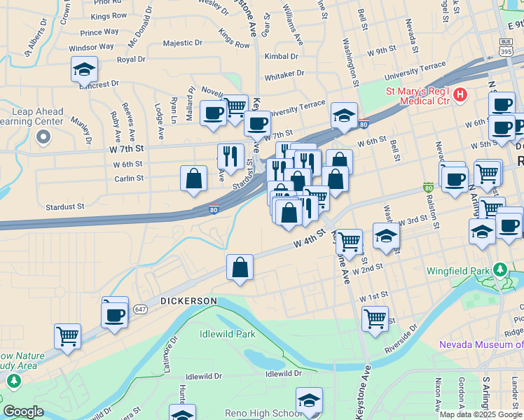 map of restaurants, bars, coffee shops, grocery stores, and more near 1455 West 4th Street in Reno