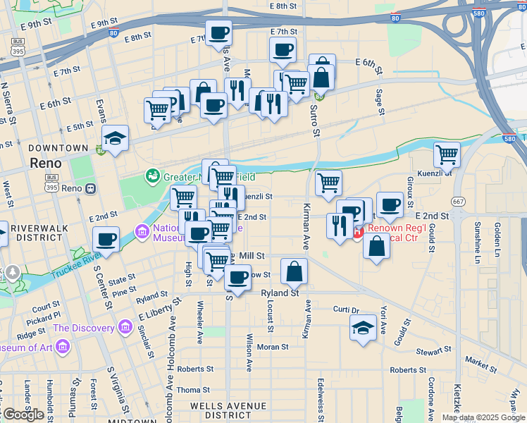 map of restaurants, bars, coffee shops, grocery stores, and more near 800 Kuenzli Street in Reno