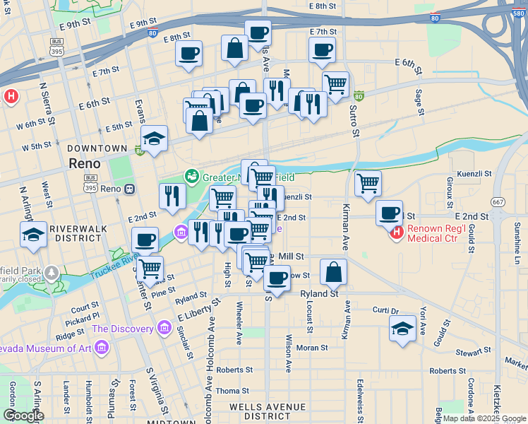 map of restaurants, bars, coffee shops, grocery stores, and more near 642 Kuenzli Street in Reno