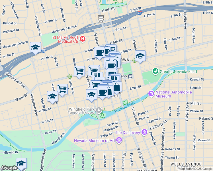 map of restaurants, bars, coffee shops, grocery stores, and more near 151 West Commercial Row in Reno