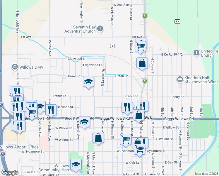 map of restaurants, bars, coffee shops, grocery stores, and more near 635 North Plumas Street in Willows