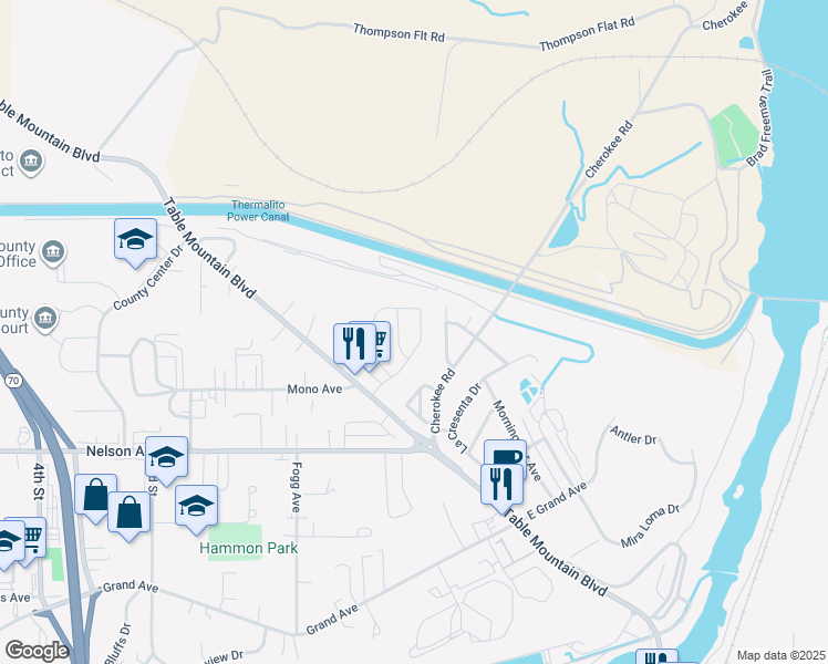 map of restaurants, bars, coffee shops, grocery stores, and more near 60 Flying Cloud Drive in Oroville