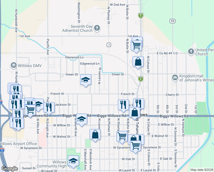 map of restaurants, bars, coffee shops, grocery stores, and more near 635 North Plumas Street in Willows