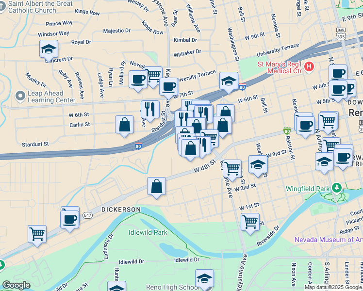 map of restaurants, bars, coffee shops, grocery stores, and more near 1455 W 4th St in Reno