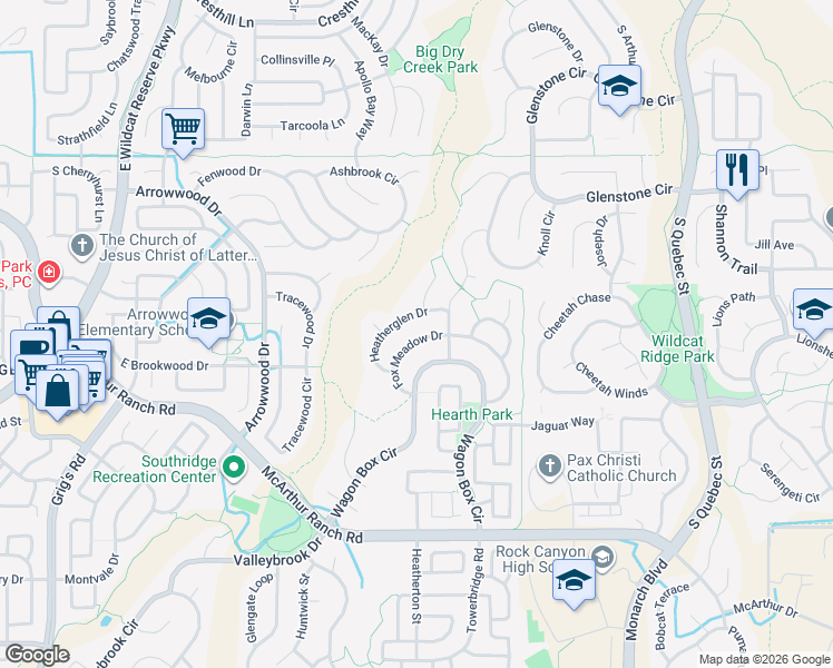 map of restaurants, bars, coffee shops, grocery stores, and more near 5255 Fox Meadow Drive in Littleton