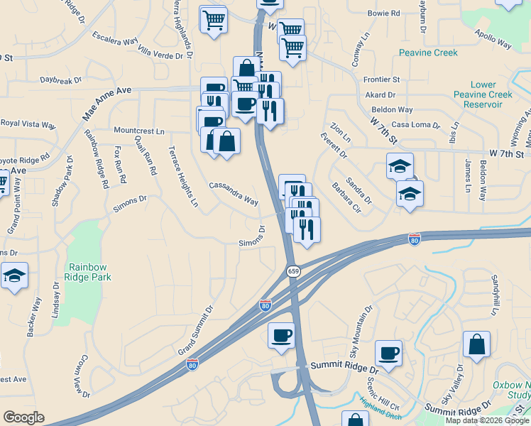 map of restaurants, bars, coffee shops, grocery stores, and more near 1628 Marinette Court in Reno