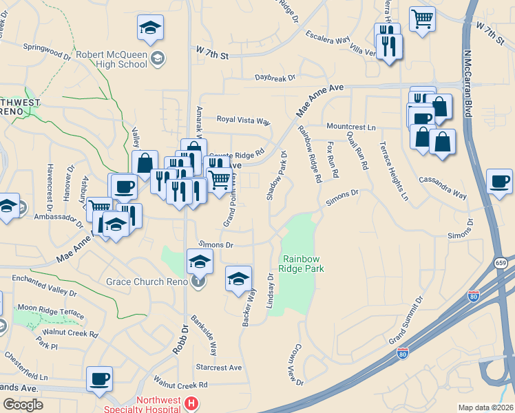 map of restaurants, bars, coffee shops, grocery stores, and more near 1655 Shadow Park Drive in Reno