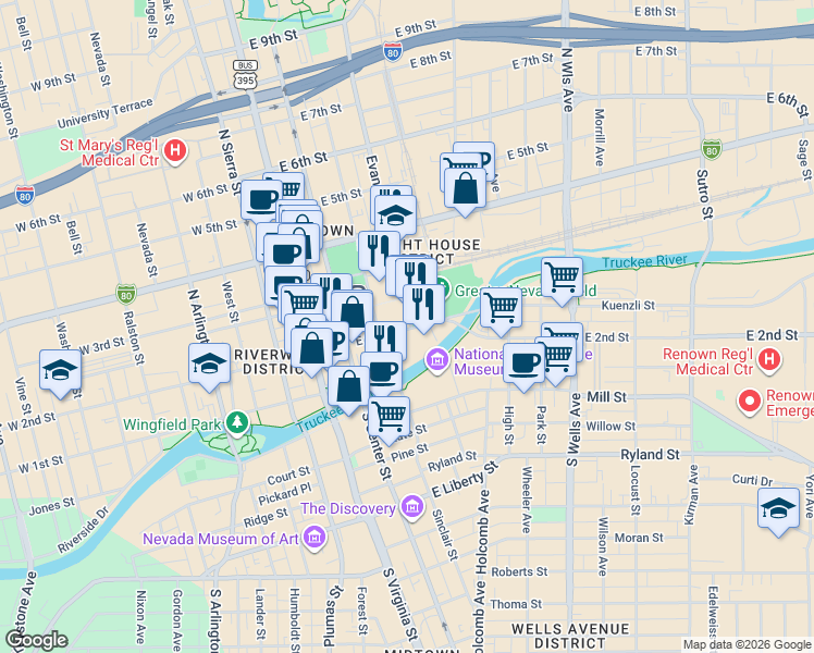 map of restaurants, bars, coffee shops, grocery stores, and more near 201 Evans Avenue in Reno