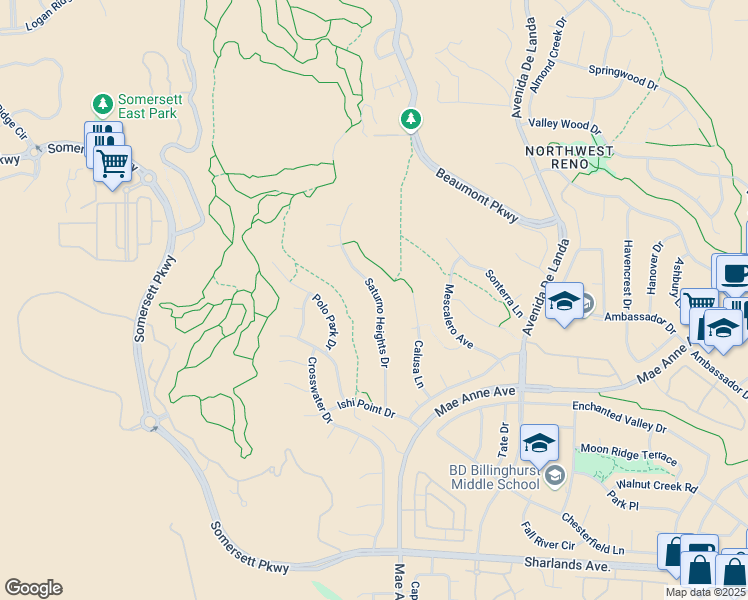 map of restaurants, bars, coffee shops, grocery stores, and more near 1621 Saturno Heights Drive in Reno