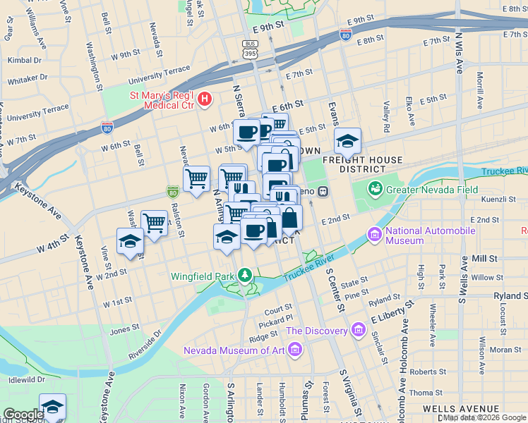map of restaurants, bars, coffee shops, grocery stores, and more near 151 West Commercial Row in Reno