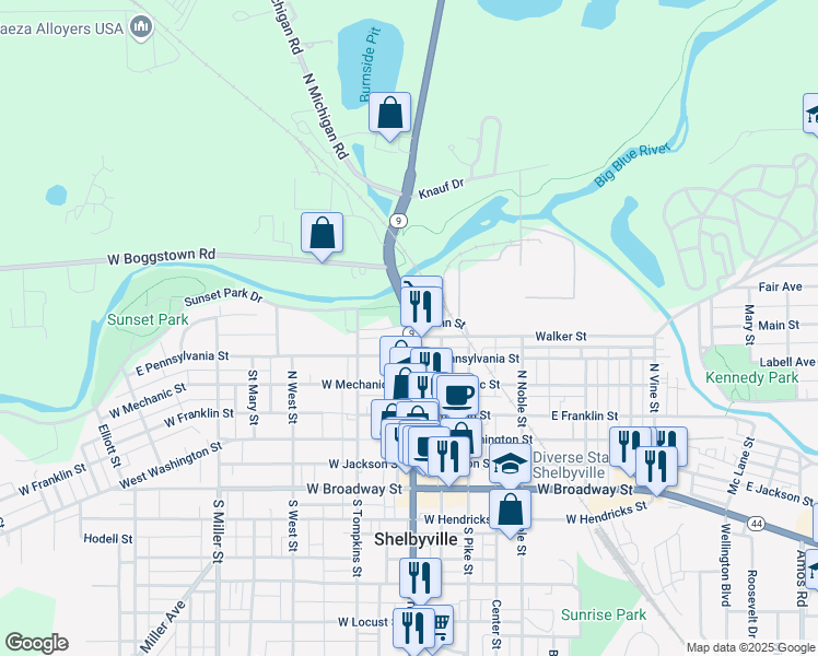 map of restaurants, bars, coffee shops, grocery stores, and more near 425 North Harrison Street in Shelbyville