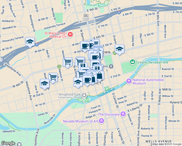 map of restaurants, bars, coffee shops, grocery stores, and more near 151 West Commercial Row in Reno