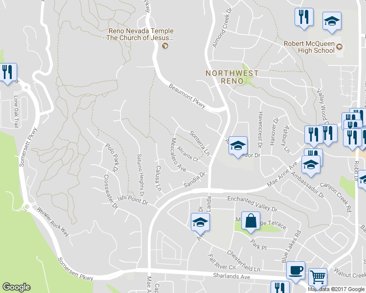 map of restaurants, bars, coffee shops, grocery stores, and more near 6799 Alicante Court in Reno