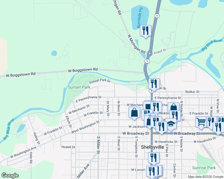 map of restaurants, bars, coffee shops, grocery stores, and more near 183 River Road in Shelbyville