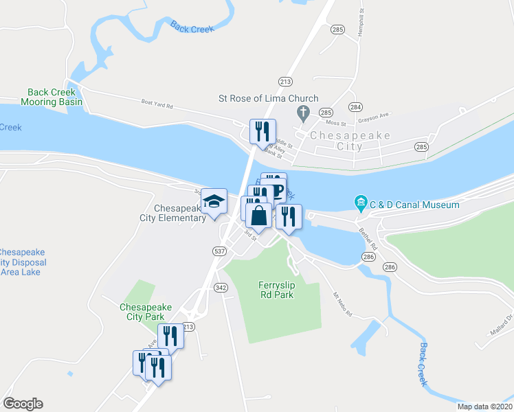 map of restaurants, bars, coffee shops, grocery stores, and more near 105 George Street in Chesapeake City
