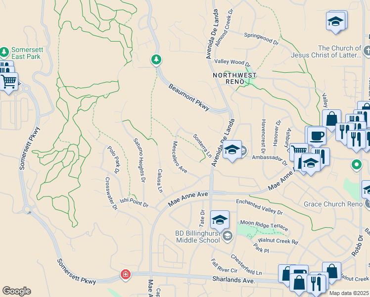 map of restaurants, bars, coffee shops, grocery stores, and more near 6799 Alicante Court in Reno