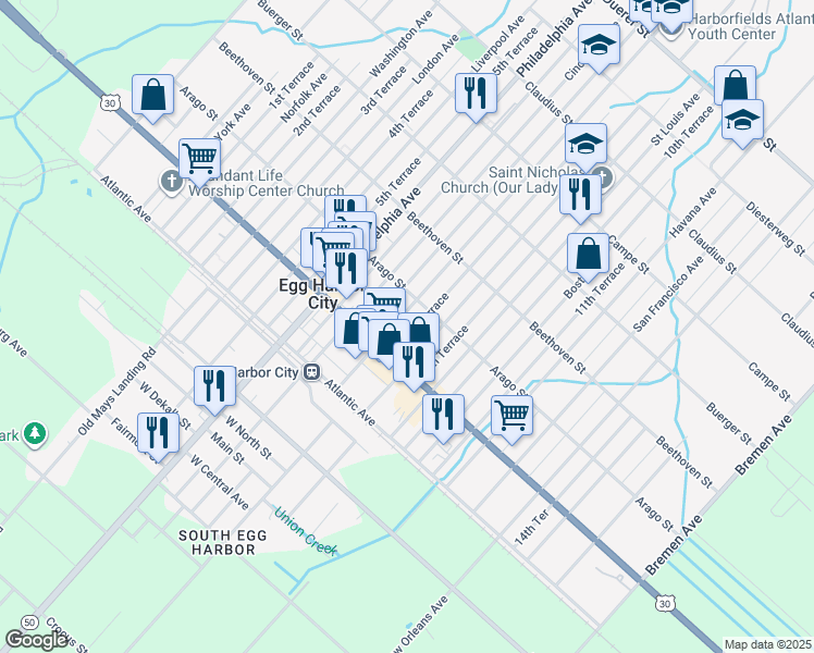 map of restaurants, bars, coffee shops, grocery stores, and more near 140 Buffalo Avenue in Egg Harbor City