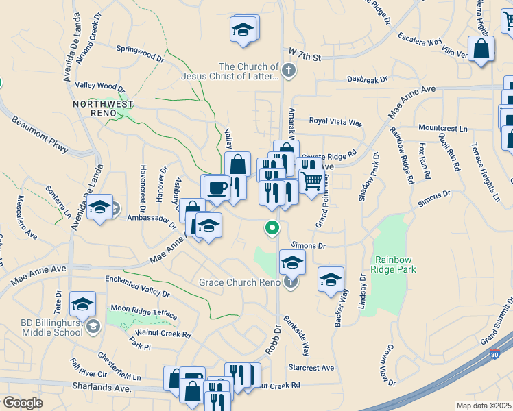 map of restaurants, bars, coffee shops, grocery stores, and more near 6148 Mae Anne Avenue in Reno