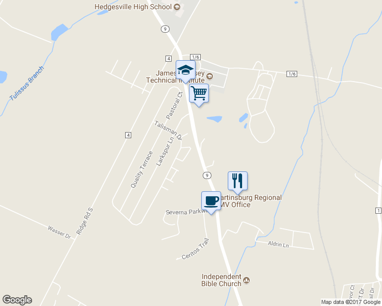 map of restaurants, bars, coffee shops, grocery stores, and more near 61 Thornberry Drive in Martinsburg