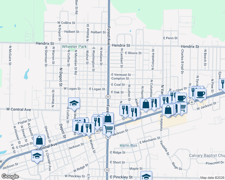 map of restaurants, bars, coffee shops, grocery stores, and more near 314 East Oak Street in Brazil
