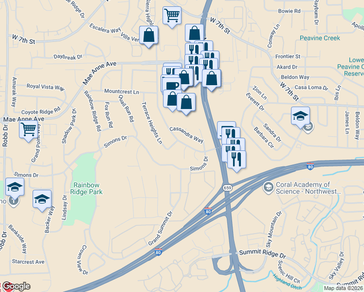 map of restaurants, bars, coffee shops, grocery stores, and more near 1599 Pries Court in Reno