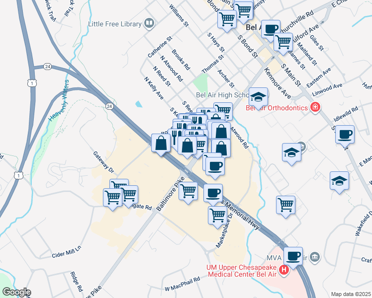 map of restaurants, bars, coffee shops, grocery stores, and more near 556 Baltimore Pike in Bel Air