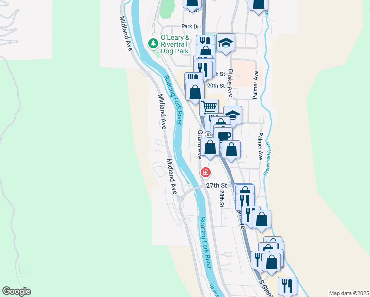 map of restaurants, bars, coffee shops, grocery stores, and more near 2423 Meadow Lark Lane in Glenwood Springs