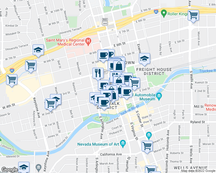 map of restaurants, bars, coffee shops, grocery stores, and more near 101-199 West Commercial Row in Reno