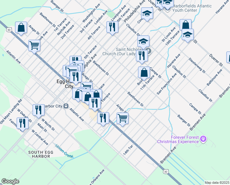 map of restaurants, bars, coffee shops, grocery stores, and more near 223 Saint Louis Avenue in Egg Harbor City