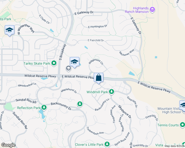 map of restaurants, bars, coffee shops, grocery stores, and more near 760 Ridgemont Circle in Littleton
